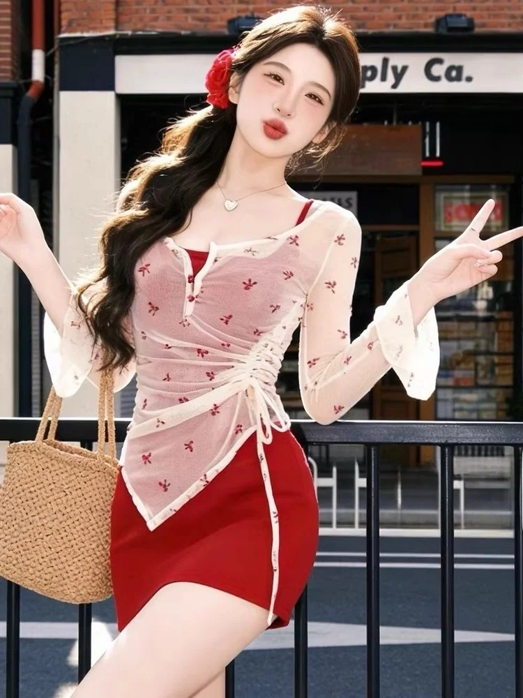 Korean Style Sweet And Spicy  Knot Net Cover up Red Slim Fit Halter Skirt Set Women's Fashion Commute Silk Top