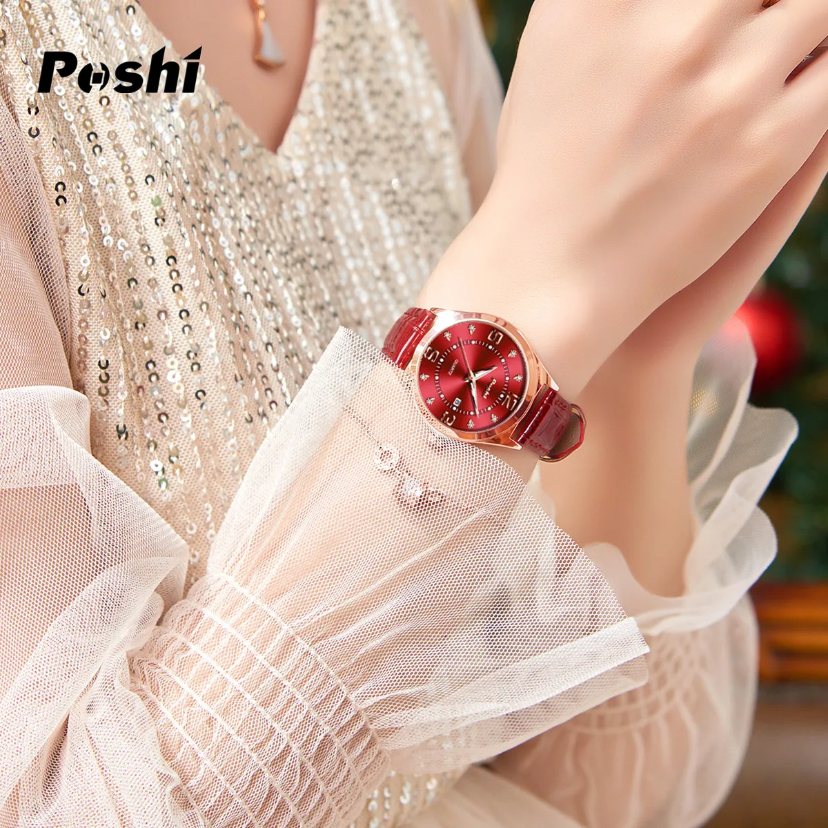 POSHI 972 Fashion Quartz Watch Casual Ladies Dress Wristwatch Leather Strap With Date Life Waterproof Original Watches Girls