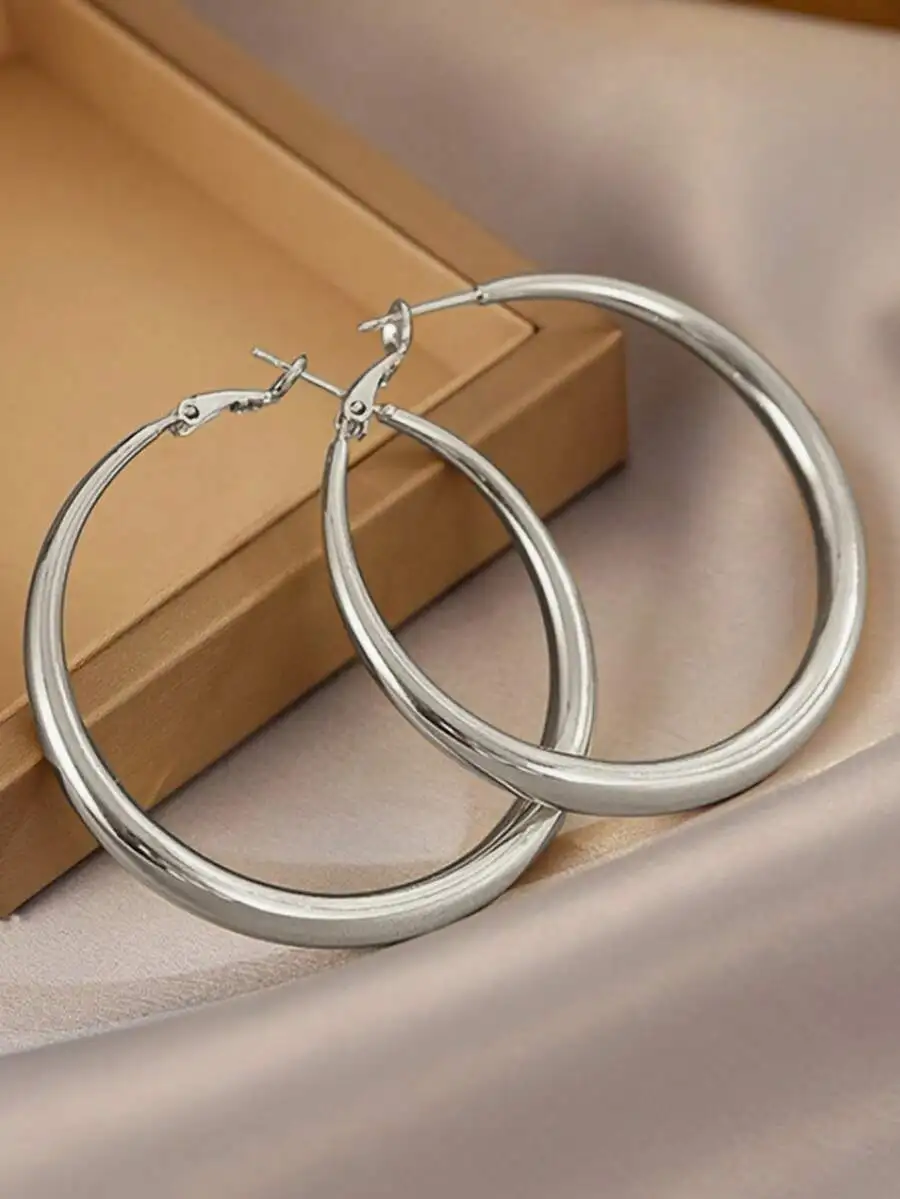 

Silver-Tone Y2K Chic Oversized Smooth Hoop Earrings For Women, Minimalist High-Shine Elegant Luxury Design
