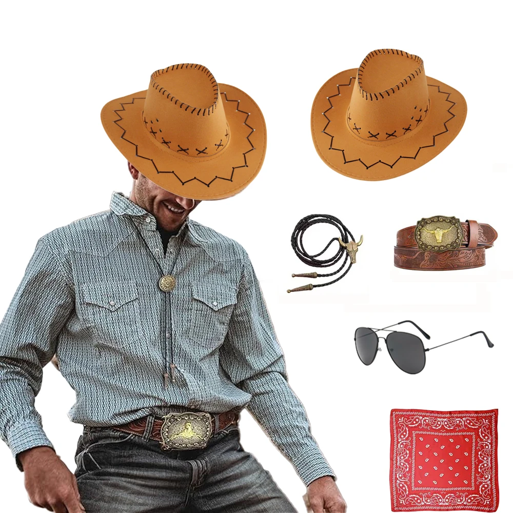 مجموعة إكسسوارات أزياء رعاة البقر الغربية من PESENAR، قبعة رعاة البقر، منديل دبوس من قماش الدنيم، فستان حفلات الهالوين