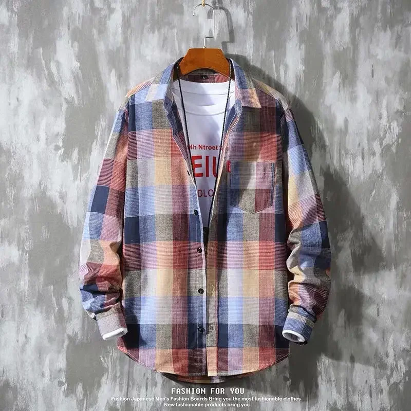 Autumn Korean Style Men's Plaid Shirt Long Sleeve Casual Trendy Jacket Slims You Smooths Your Silhouette