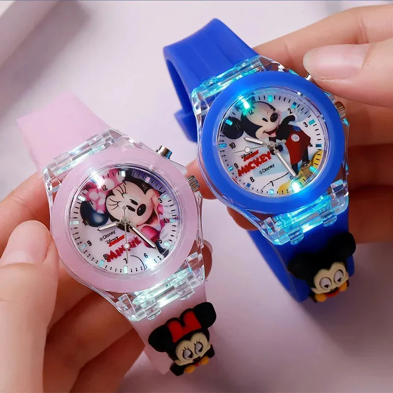 Disney Mickey Minnie Mouse Watch Silicone Luminous Glow-In-The-Dark Primary School Watch Cartoon Boy Girl Quartz Watch Gifts