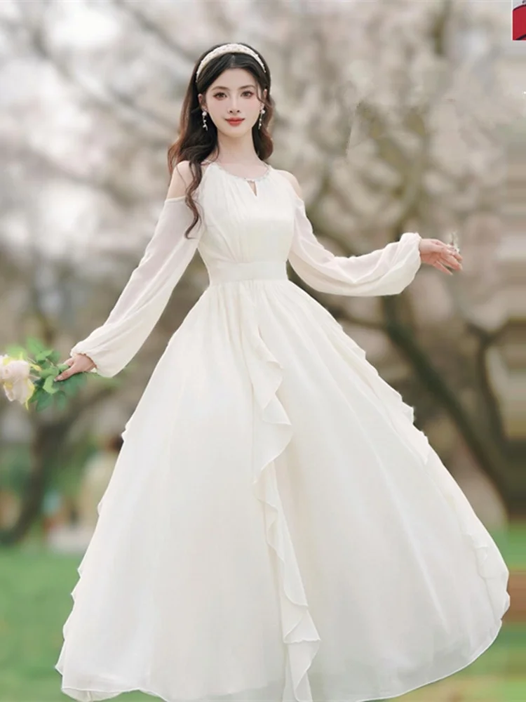 

Ele Oversized Chiffon Dr Women's New 2026 Gentle Waist-Cinching Slimming Long Skirt Irregular Lace Trim Commute Sle ...