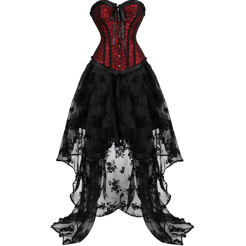 Corset Dress Bustier Overbust Skirt Tulle Long Lace Stripe Plus Size Gothic Burlesque Korsett Red Black Halloween Costume