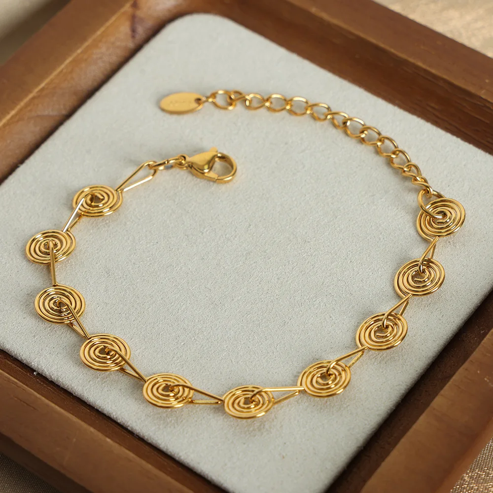 Fashion Round Pendant Chain Necklace for Women 316L Stainless Steel Gold Plated Bangle Jewelry Set Gift Hip Hop Accessories