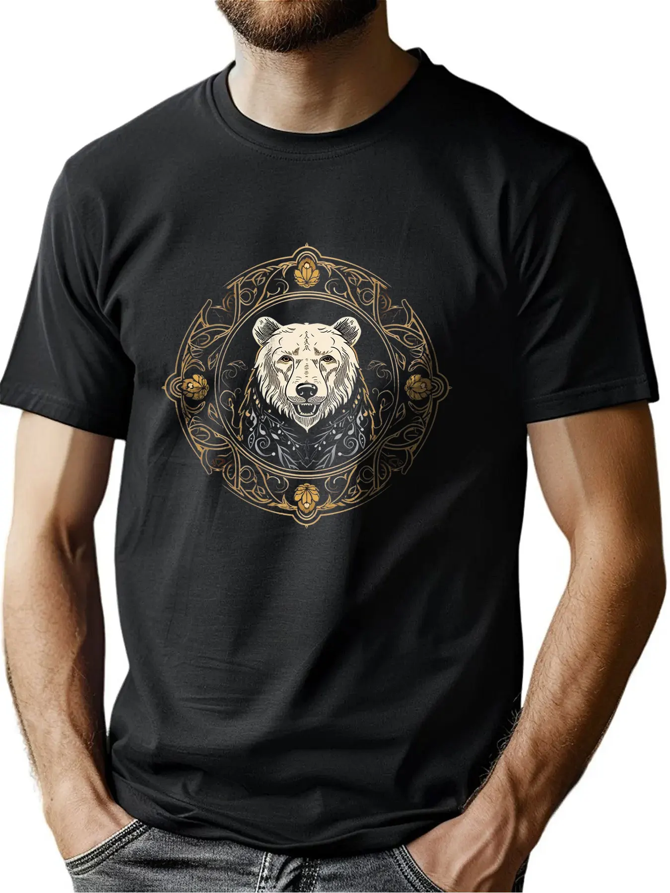 

Comfort Fit Cotton Crew Neck Tee With Intricate Gilded Bear Design Sport Daily Outdoor Wear Ideal Christmas Gift For Men