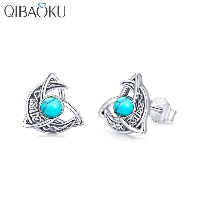 

QIBAOKU Retro Celtic Knot Turquoise Stud Earrings for Men Classic Elegant Moon Silver Ear Studs Women's Jewelry Christmas Gift