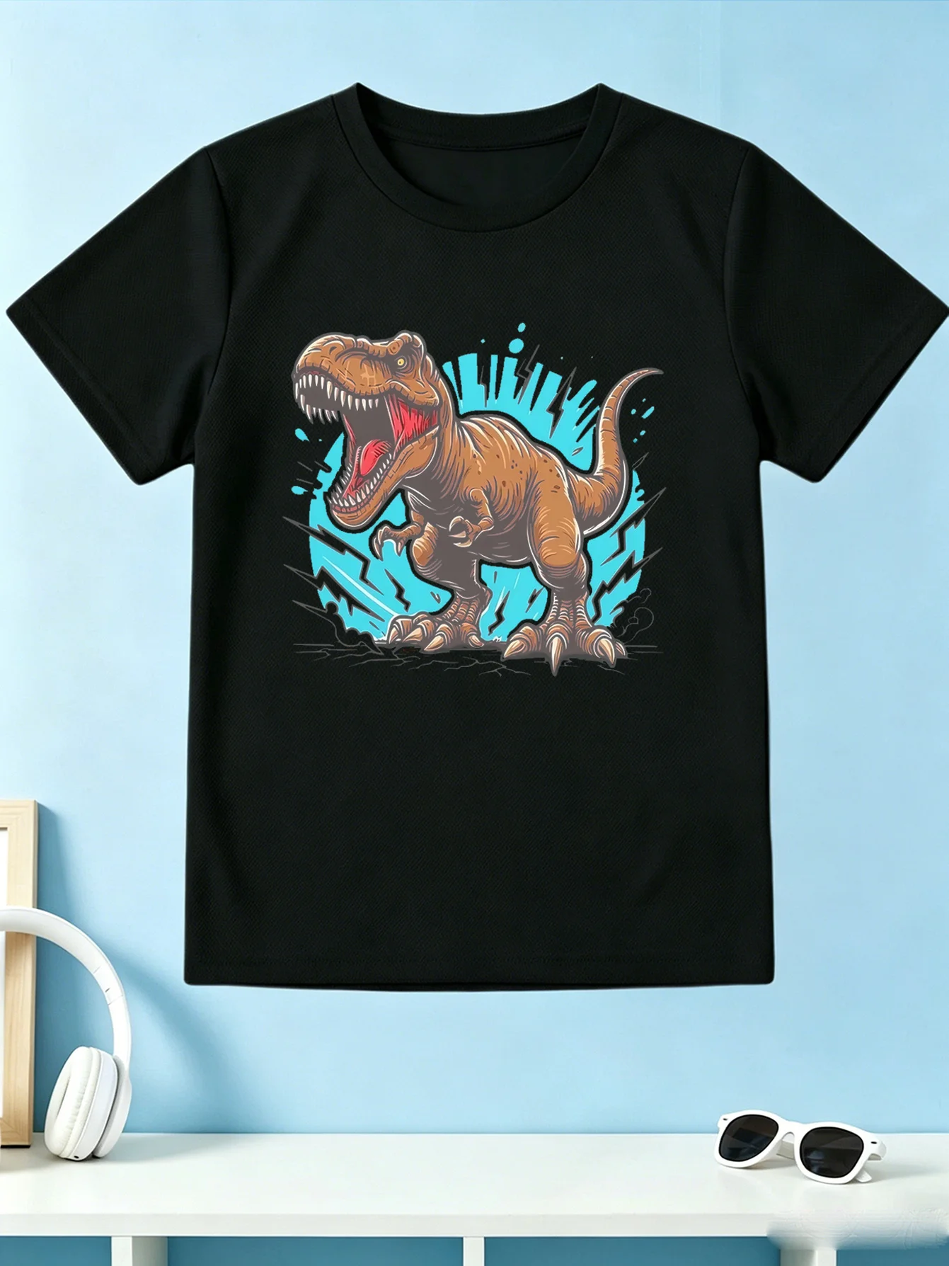 Kids Tee Ferocious Tyrannosaurus Rex Dinosaur Vintage Explosion Style Cartoon Print Short Sleeve Cotton Children Casual Wear
