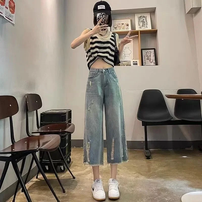 Damskie luźne spodnie jeansowe z szerokimi nogawkami na jesień 2025, damskie spodnie jeansowe o długości 7/8, sprane, z prostymi nogawkami, damskie spodnie kowbojskie z wysokim stanem.