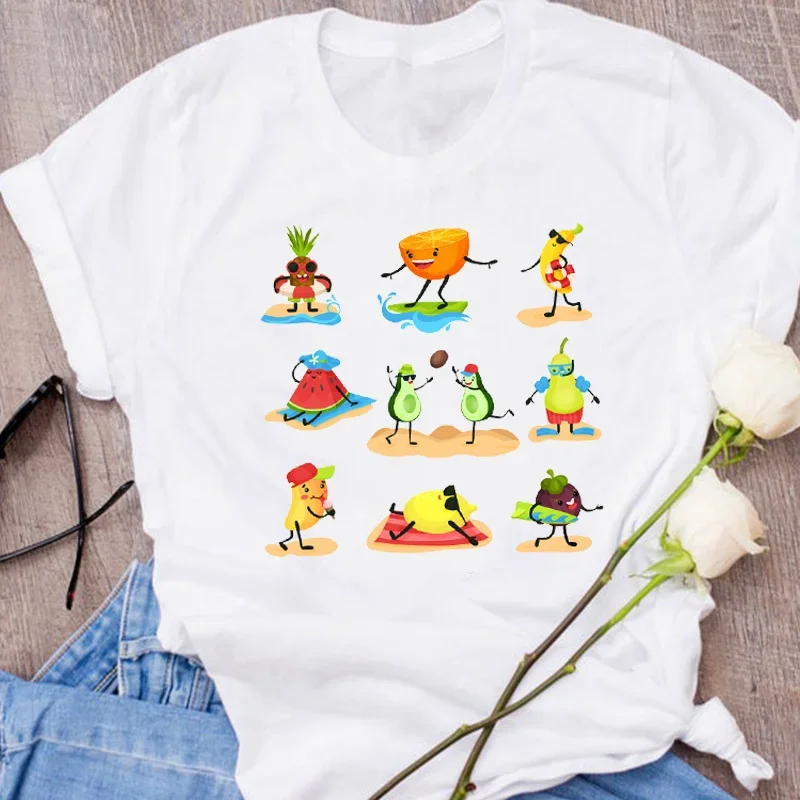 Camiseta gráfica feminina, impressão de gato abacate, desenhos animados, roupas de frutas, roupas florais para senhora, camisetas femininas, tops, camiseta