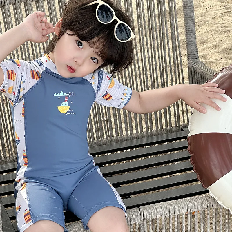 

2026 Summer New One-piece Children's Short Sleeved Quick Drying Western-style Cartoon Boat Beach Vacation Swimsuit