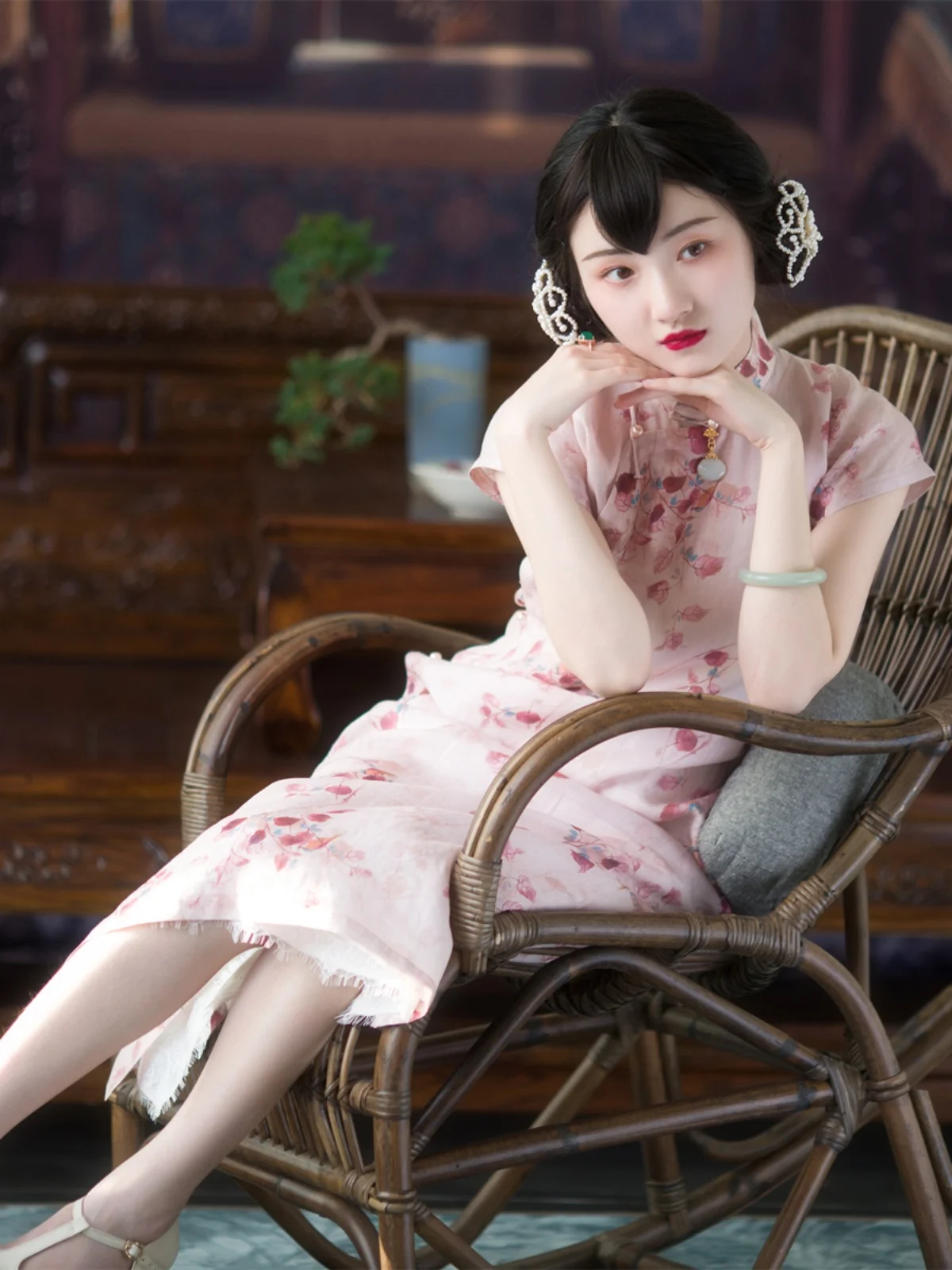 

Платье-халат с ретро-принтом «Весенние цветы», повседневное, в китайском стиле, с коротким рукавом, длиной до плеч