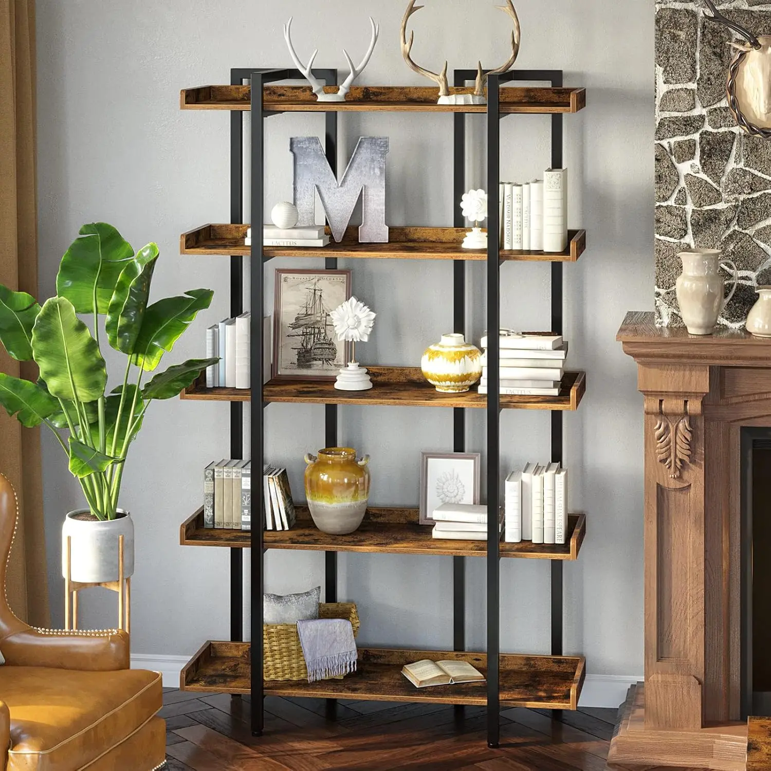 Bookshelf 5-Tier, 68.9’’H Industrial Book Shelf, Large Bookcases and Bookshelves with Open Shelves, Open Display