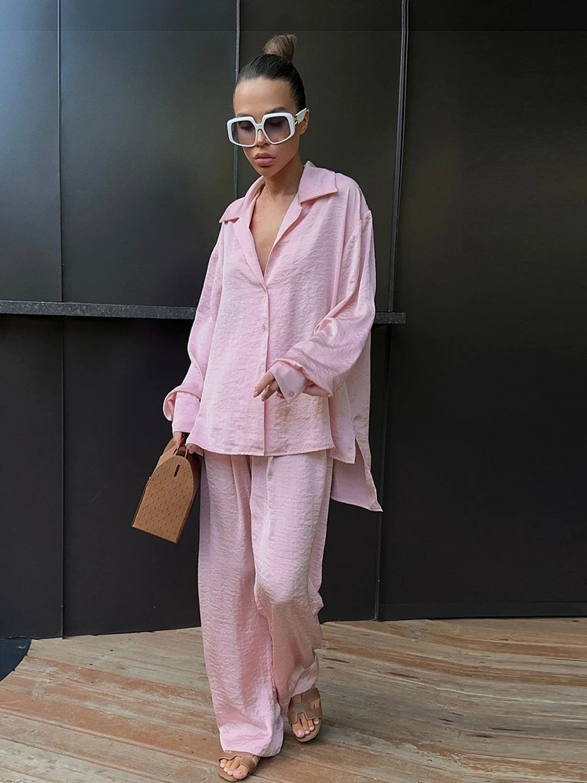 Marthaqiqi Pink Loose Women Nightgowns Suit Sexy Turn-Down Collar Sleepwear Long Sleeve Nightwear Pants Casual Ladies Pajama Set