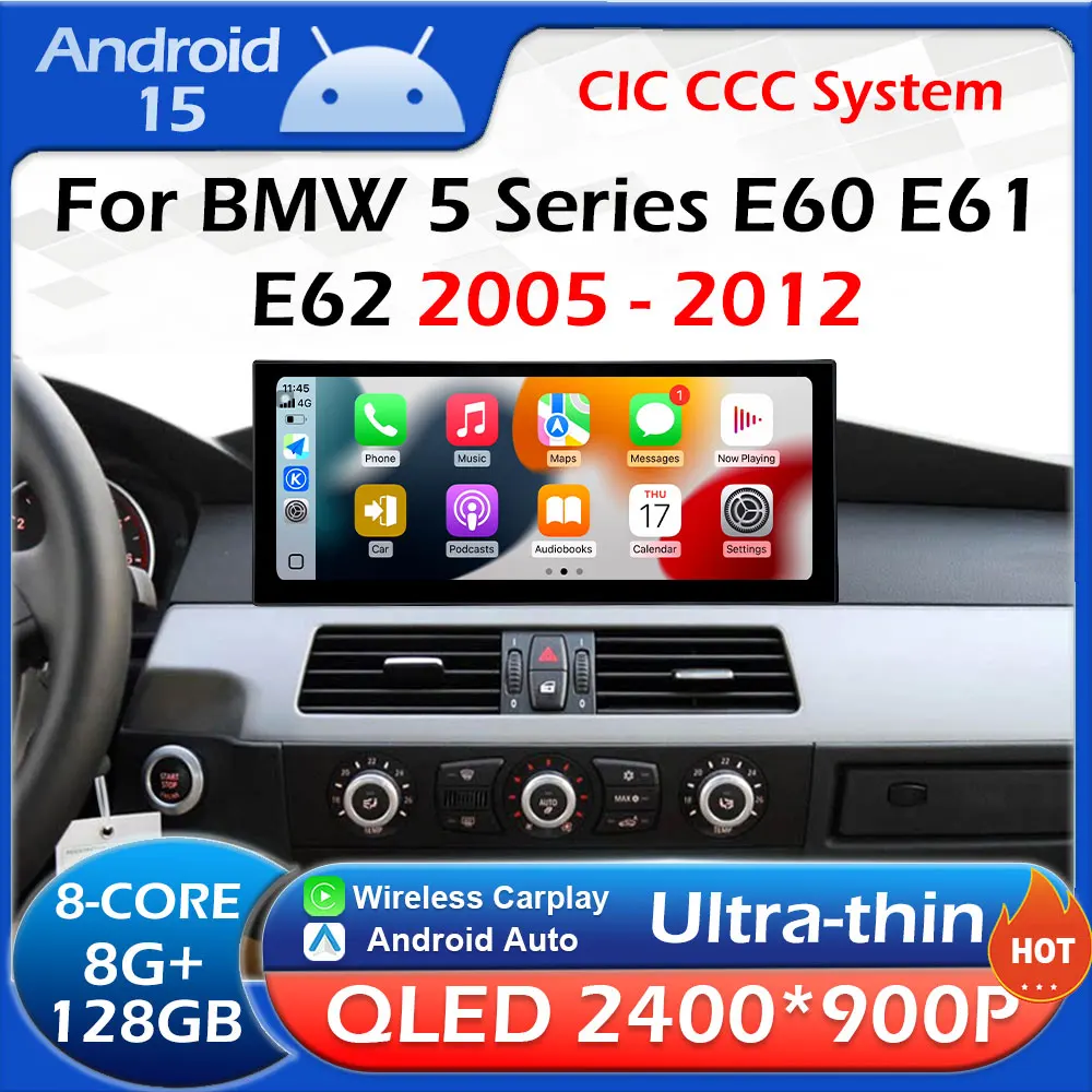 Car Multimedia Video Player for BMW 5 Series E60 E61 E62 2005 - 2012 CCC CIC System Android 15 Carplay DSP 2K HD QLED Screen BT