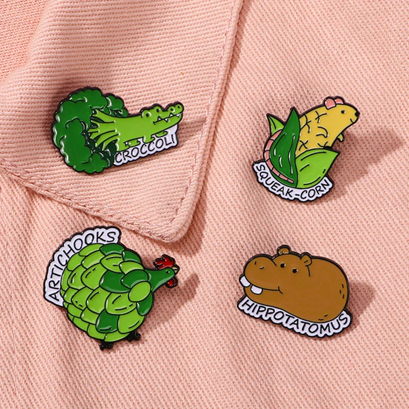 Cute Vegetable Animal Brooch Corn Mouse West Blue Flower Crocodile Potato Hippo Chicken Metal Badge Lapel Punk Pins Jewelry Gift