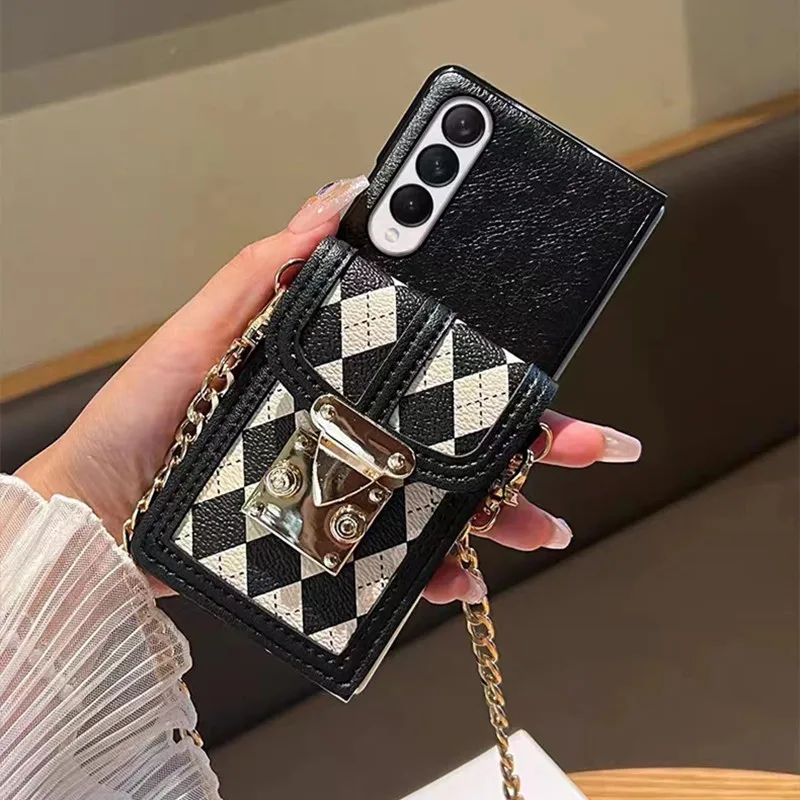 Stylish Rhomb Wallet Card Phone Case for Samsung Galaxy Z Fold 5 Z Fold 6 Z Fold 4 Z fold 3 2 Crossbody Necklace Lanyard Cover