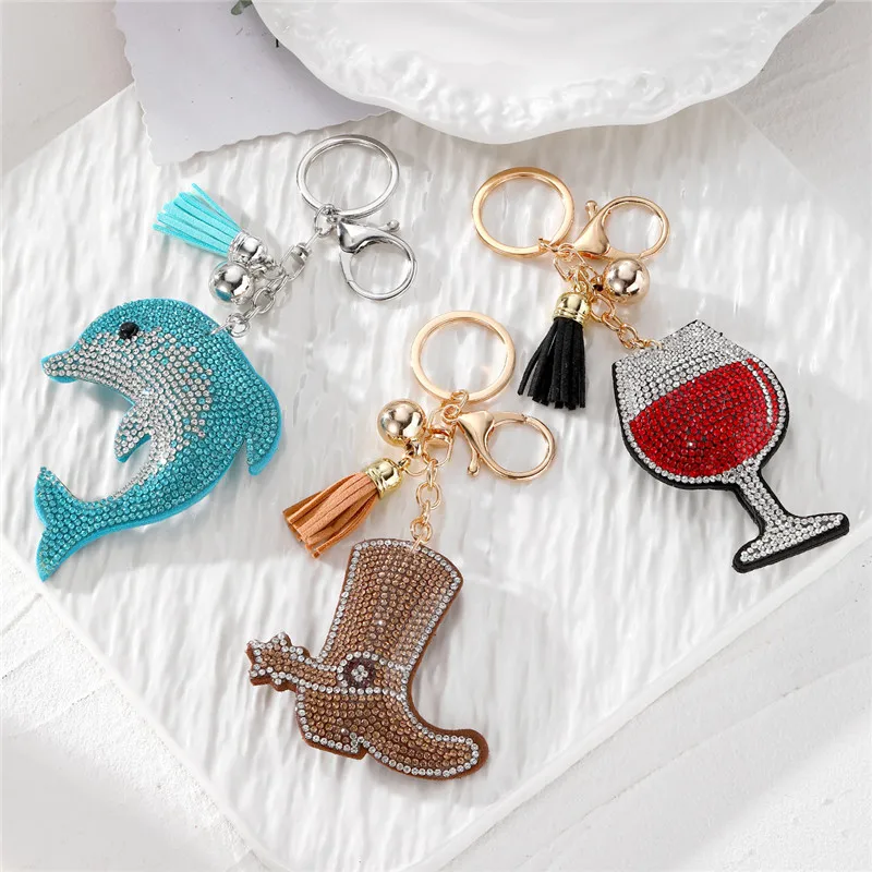 Unique Punk Full Rhinestone Leather Red Wine Boots Keychain Big Dolphin Tassel Pendant Bag Accessories Car Key Holder