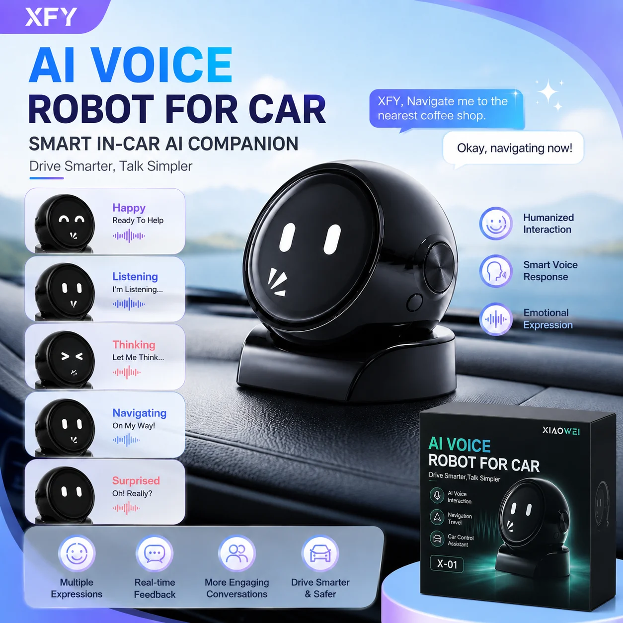 XFY X-01 AI Voice Robot for Car Smart Assistant Hands-Free Navigation Music Calls Weather News Chat OTA Update 2.4GHz WiFi Robot