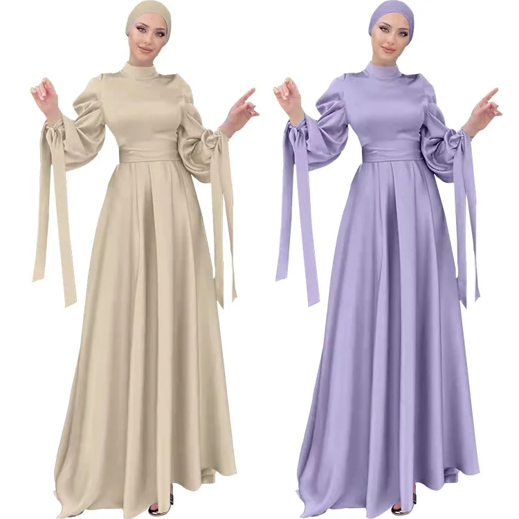 Muslim Women Dress Satin Corset Long Sleeve Maxi Dress Islamic Clothing For Female Mubarak Saudi Arabic Turkey Abaya Dresses