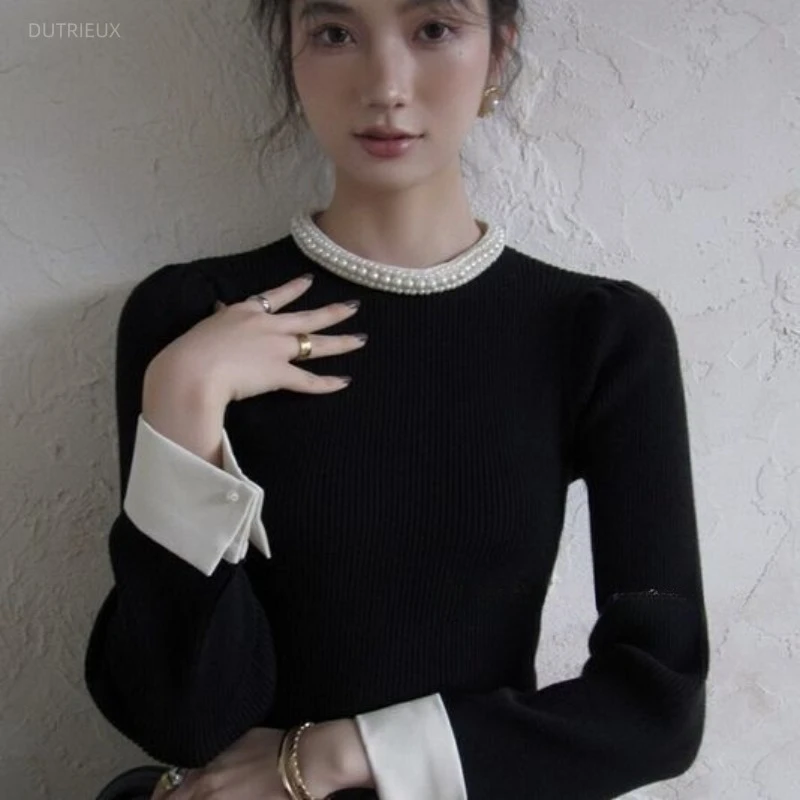 2024 Elegant Gentle Half-high Collar Beading Pullovers Autumn New Slim Fit Tops Women Long Sleeve Black Sweater Mujer