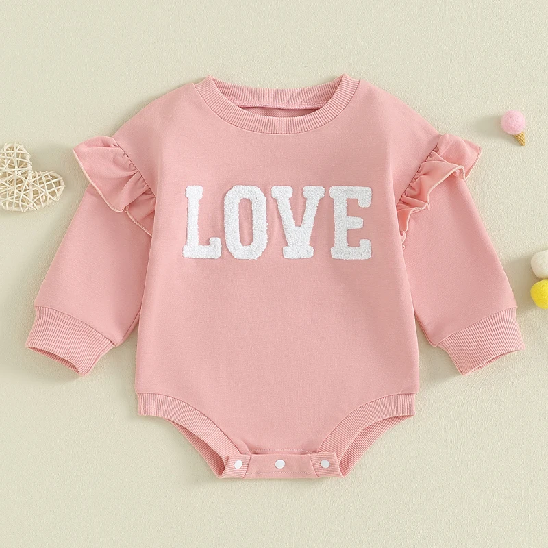 

Infant Girls Crew Neck Jumpsuit with Long Sleeves and Ruffled Hem Featuring Embroidered Letters for a Casual and Cozy Look