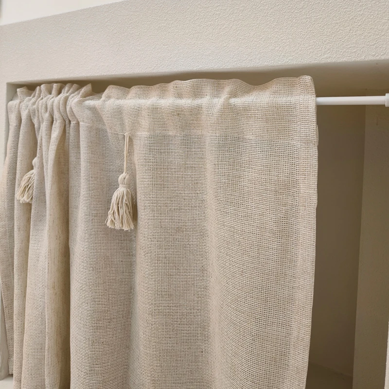 Cortinas cortas de lino y algodón hechas a mano para cocina, cortina con borlas, cenefa de ventana, niveles de cortina de cafetería para granja,