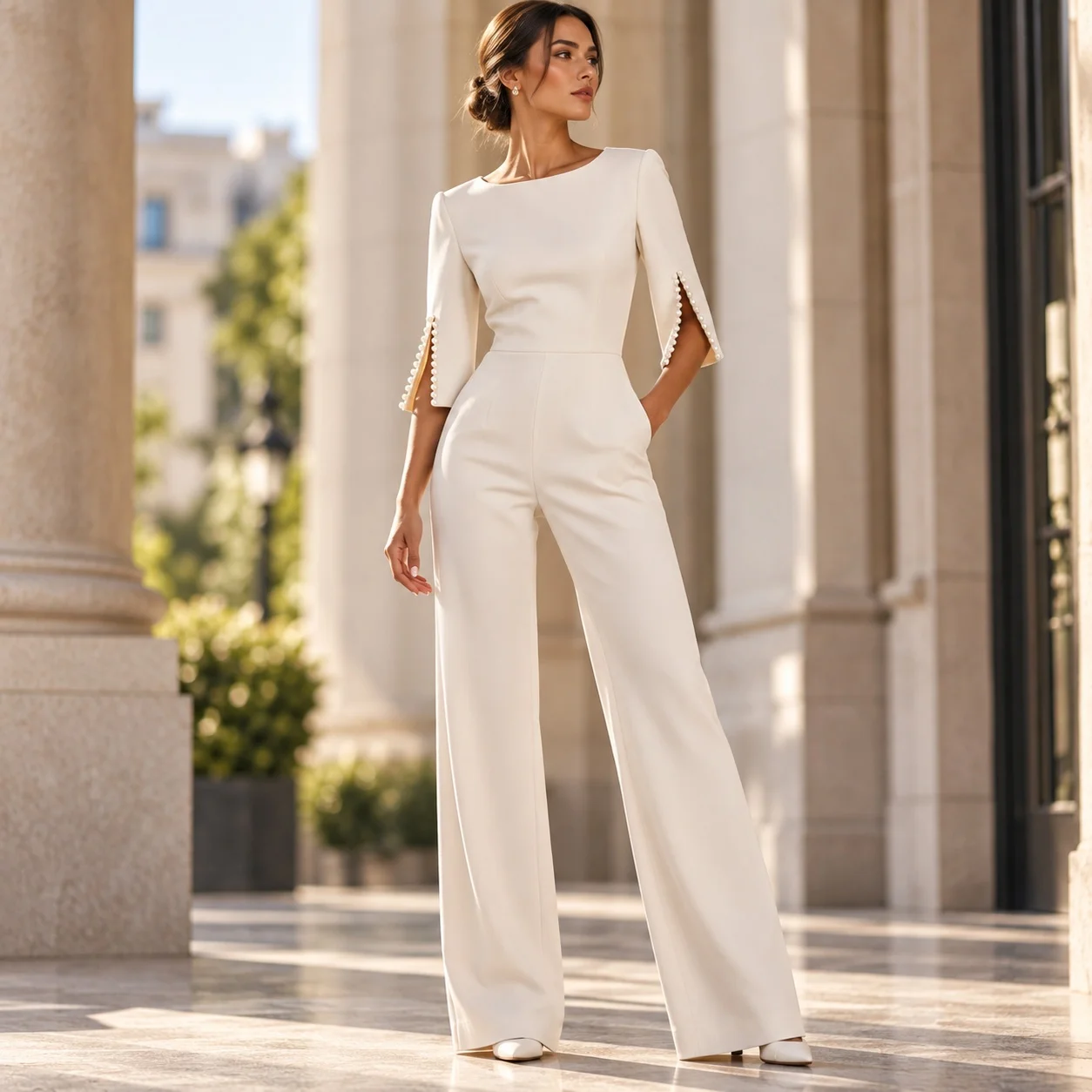 Long Pants Straight Leg Pants Straight Fit Commuter Style with Beaded Decoration Elegant Full Length Summer Women Jumpsuit