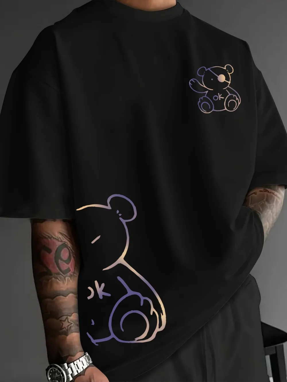 Fashionable men's summer gradient teddy bear letter print micro elastic breathable round neck T-shirt outdoor urban casual top