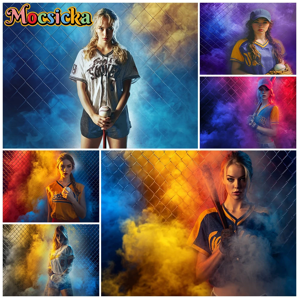 Mocsicka Blue Yellow Red Smoke Chain Link Fence Photography Backdrop Banner Abstract Gradient Colorful Background Party Tapestry