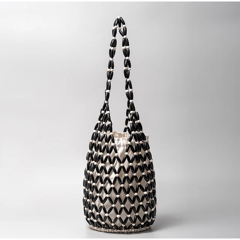 Holz Perle Gewebte Tasche Neue Design Marke frauen Hohl Perlen Meer Reise Vielseitige hand Schulter Unterarm Eimer Tasche – Detail 2