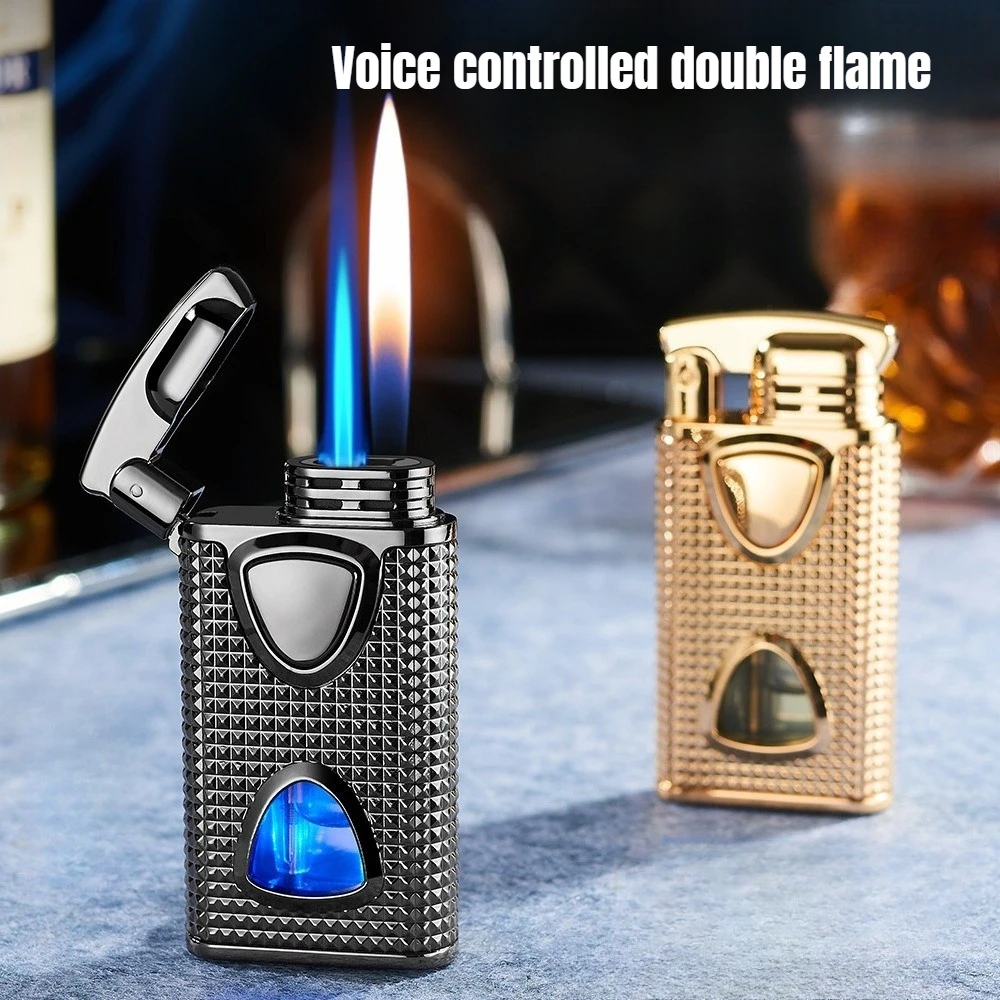 Isqueiro inteligente com controle de voz de chama dupla, comutação de chama dupla personalizada, isqueiro masculino recarregável à prova de vento