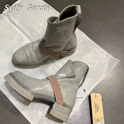 Grey Folds WaterProof Platform Cross Belt Modren Boots Spring/Autumn New Fashion Mid Heel Boots Round Toe Mix Color Casual Shoes