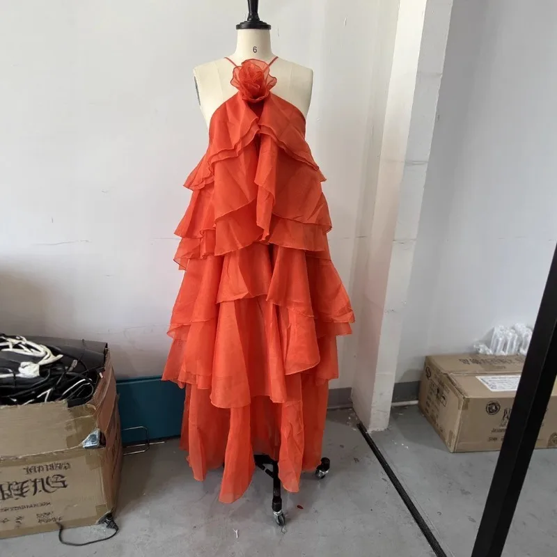 Orange Stacked Ruffles Backless Long Dress Women Halter Flounce Flower Luxurious Party Dresses Evening Vacation Long Lady Robe