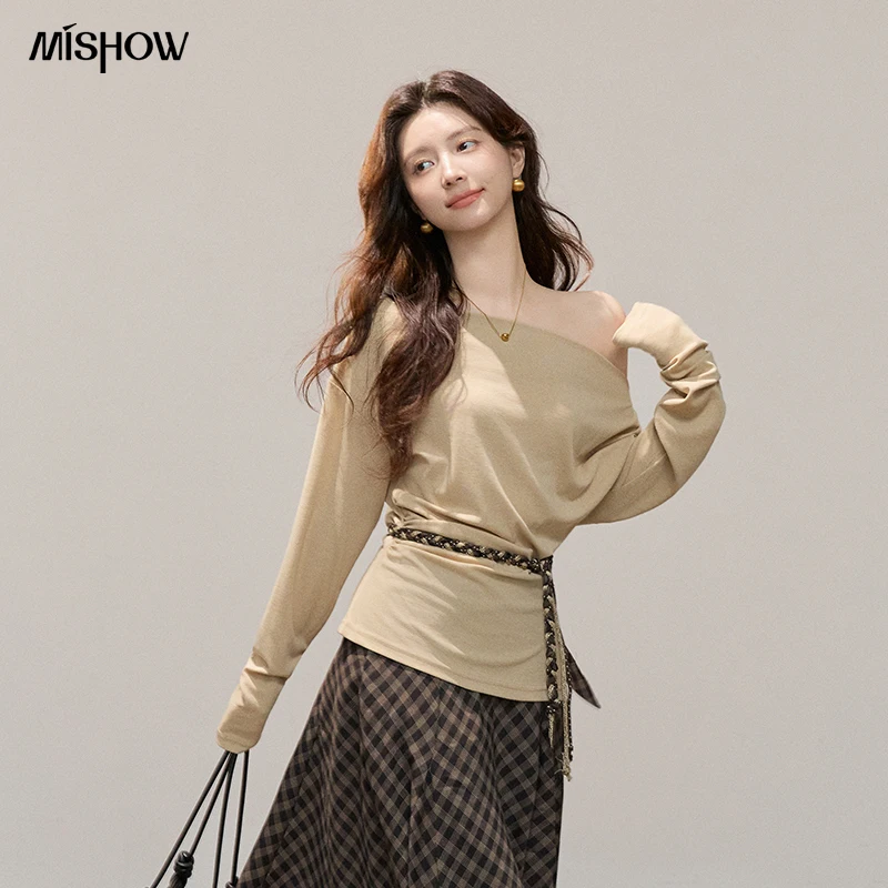 MISHOW Women Lyocell Wool Off Shoulder Knit Top 2026 Spring New Ruched Waist Slim Fit Elegant Casual Long Sleeve Tee MXF14Z3028 image 4