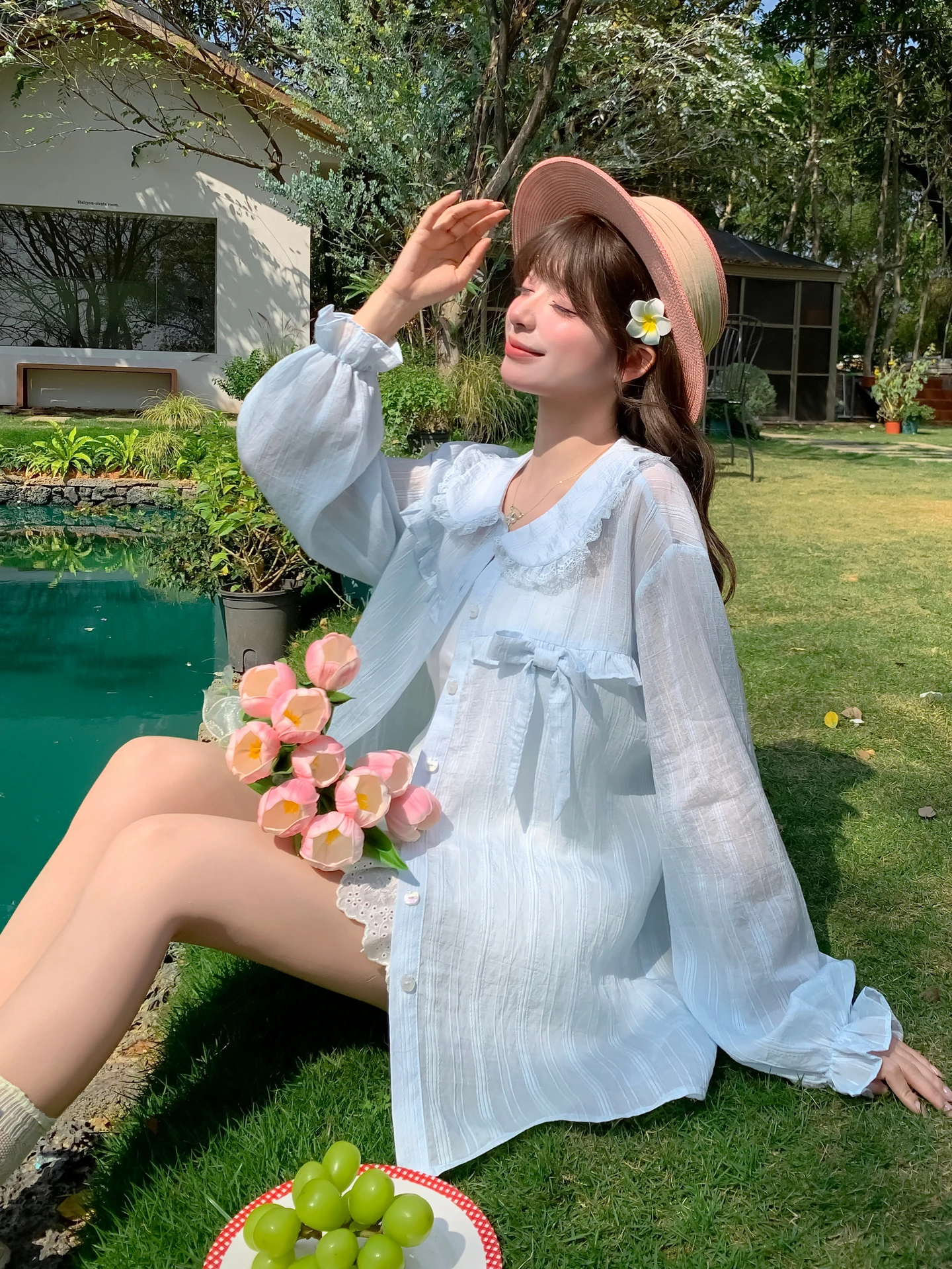Sweet Style Baby Blue Doll Collar Loose Long Sleeve Shirt Women's Fashion Ruche Fiber Lenzing Eco-Viscose Spring 2026 New Arr...
