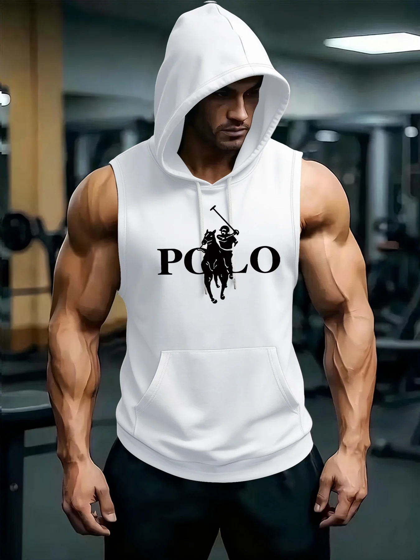 2026 new men's running sports vest sleeveless fashion print bodybuilding gym outdoor hooded vest top