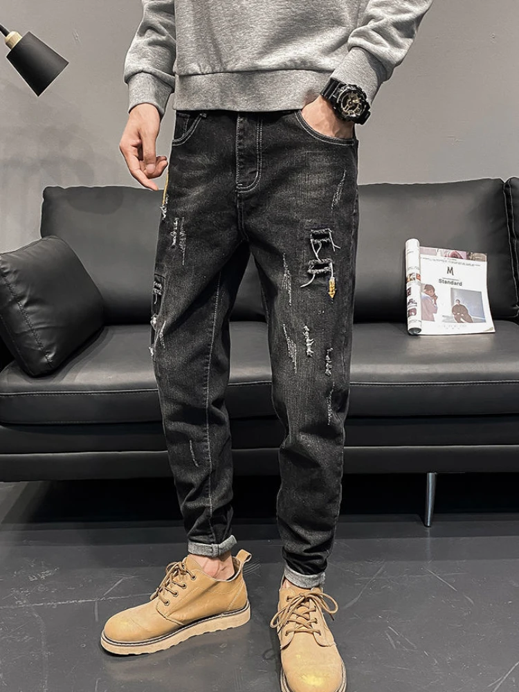 

Jeans for Men Slim Fit Torn Trousers Tight Pipe Male Cowboy Pants with Holes Skinny Black Ripped Broken Washed Autumn Clothing