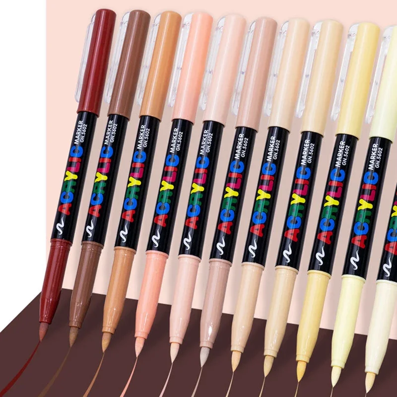 12/24 Colors Skin Tone Markers Pens,Nylon Soft Head Acrylic Markers,Waterproof Pen Soft Brush Nib Skin Color Figure Painting