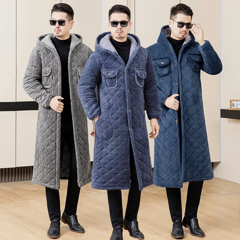 معطف مبطن بالقطن من Thiened للرجال ملابس منزلية طويلة فوق الركبة ملابس عمل دافئة مبطنة بالقدمين كاجوال Sle Faionable U... #2