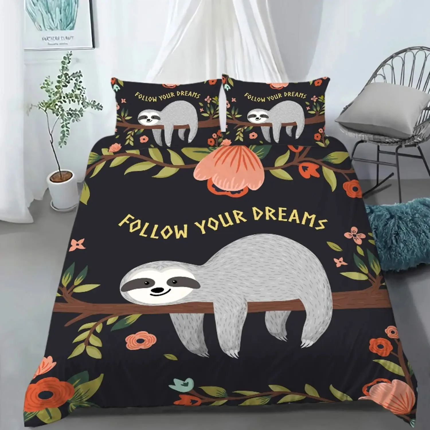 

Kids Sloth Duvet Cover Set Queen King Size, Cute Animal Pattern Polyester Comforter Cover, Branches Winter Theme for Boys Girls