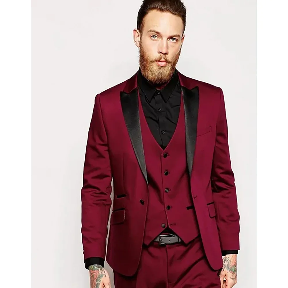 High Quality Male Clothing One Button Peak Lapel Slim Fit Blazer Luxury Wedding Formal 3 Piece Jacket Pants Vest Custom Men Suit