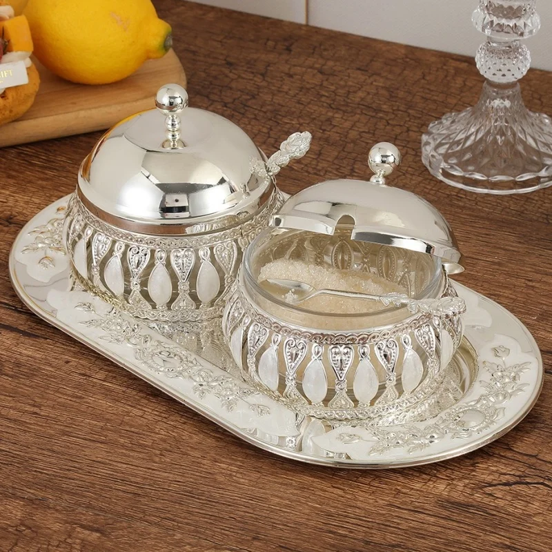 2 pcs European Style Coffee Beans Jar,Silver Alloy With lid Salt Butter Container,Seasoning Storage Jar,Kitchen Exquisite Tools