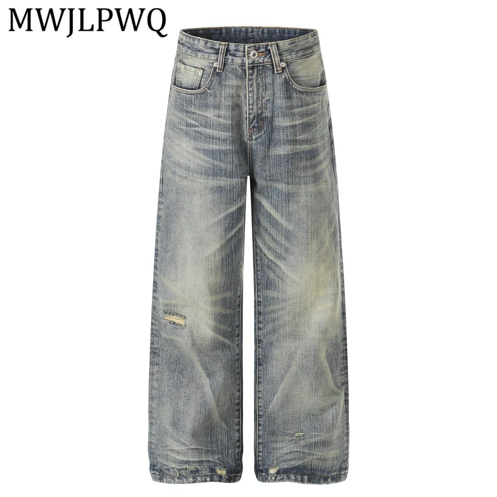 

MWJLPWQ Punk Distressed Washed Denim Wide-Leg Pant Loose Fit For Men Street Gradient Frayed Design Floor-Length Caual Jean 14183