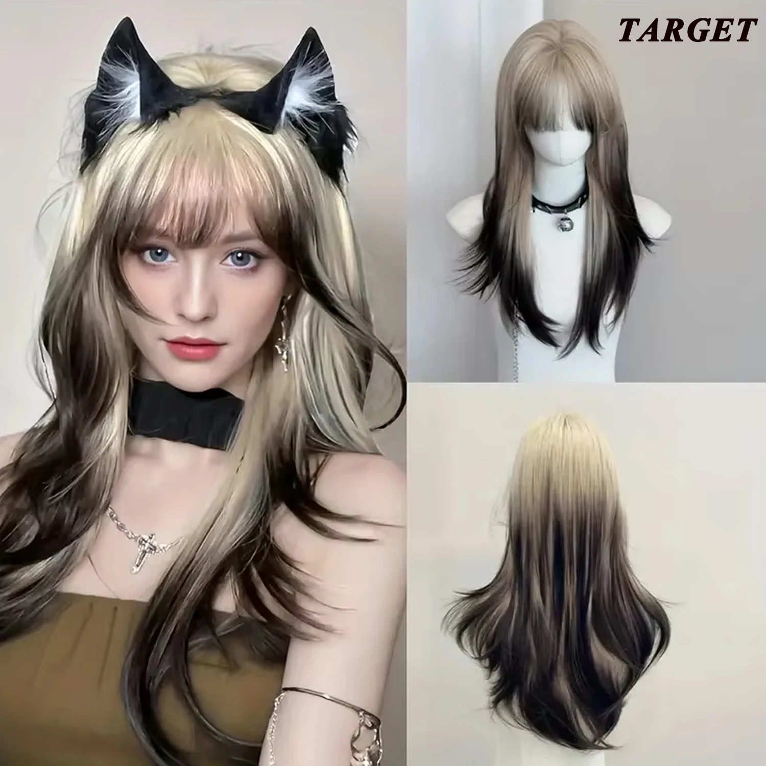 Lange gerade braune schwarze bis weiße Ombre-Perücke für Damen – hitzebeständiges Kunsthaar, für den täglichen Gebrauch, Cosplay-Enthusiasten, Weihnachten