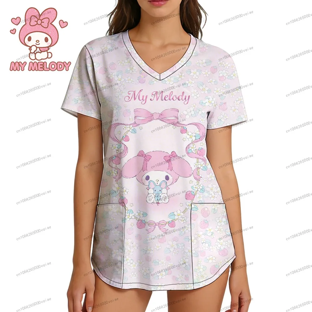 

My Melody Nurse Uniform Women's T-shirt S-2XL Sanrio Woman Clothes V Neck T-shirt 3D Print Summer Leisure Kawaii Streetwear Top