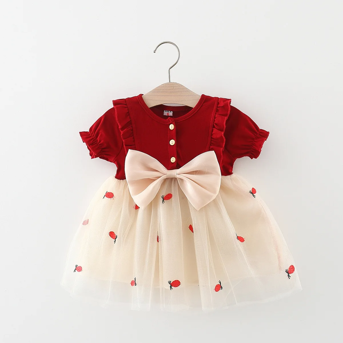 Baby Girl Summer Fashion Pineapple Embroidered Mesh Bow Bubble Sleeve Dress Girl Korean Fashion Party Dress