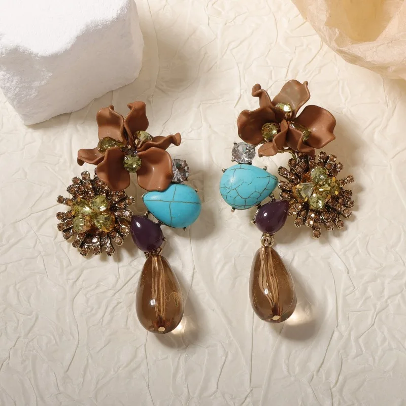 Women Retro Long Flower Resin Earrings Heavy Work Exaggerated Stylish Versatile Elegant Ear Accessories