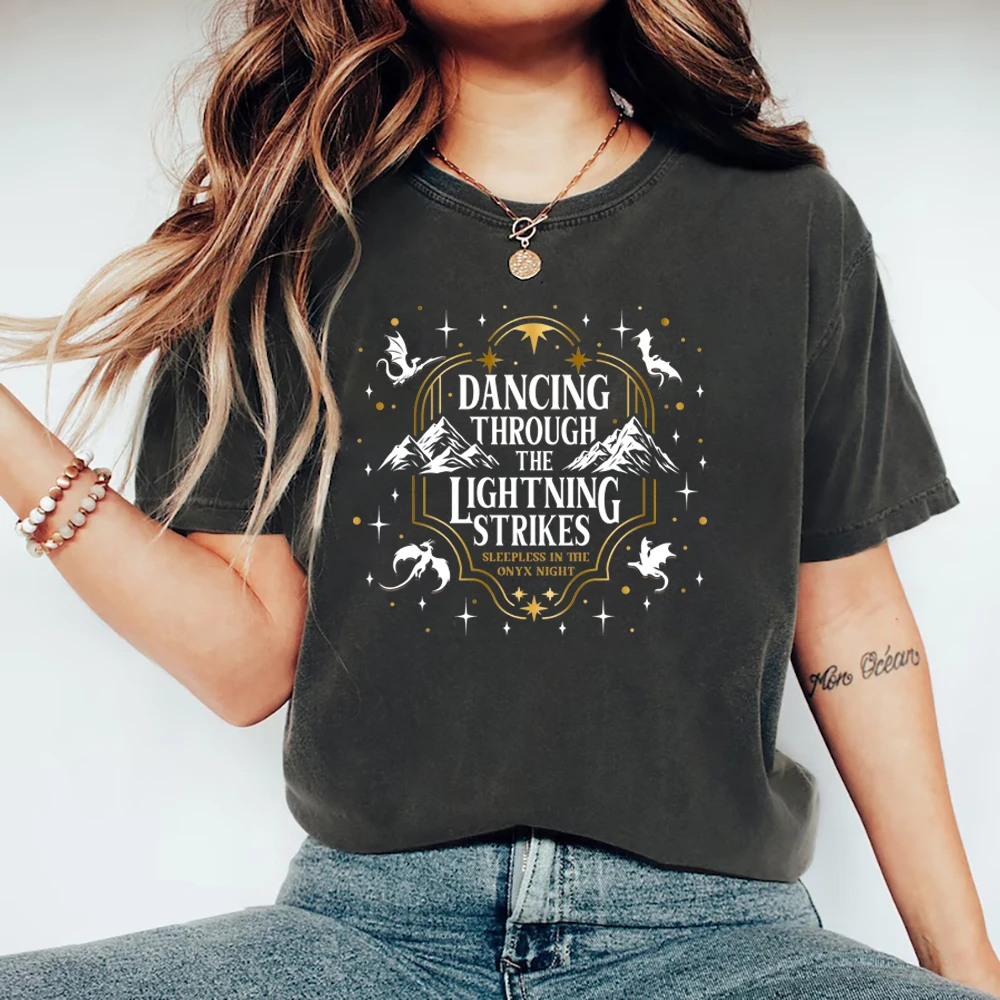 

Dancing Through The Lightning Strikes T-Shirt Fourth Wing Dragon Shirt Vintage Unisex Short Sleeve T Shirt Onyx Storm T-shirts