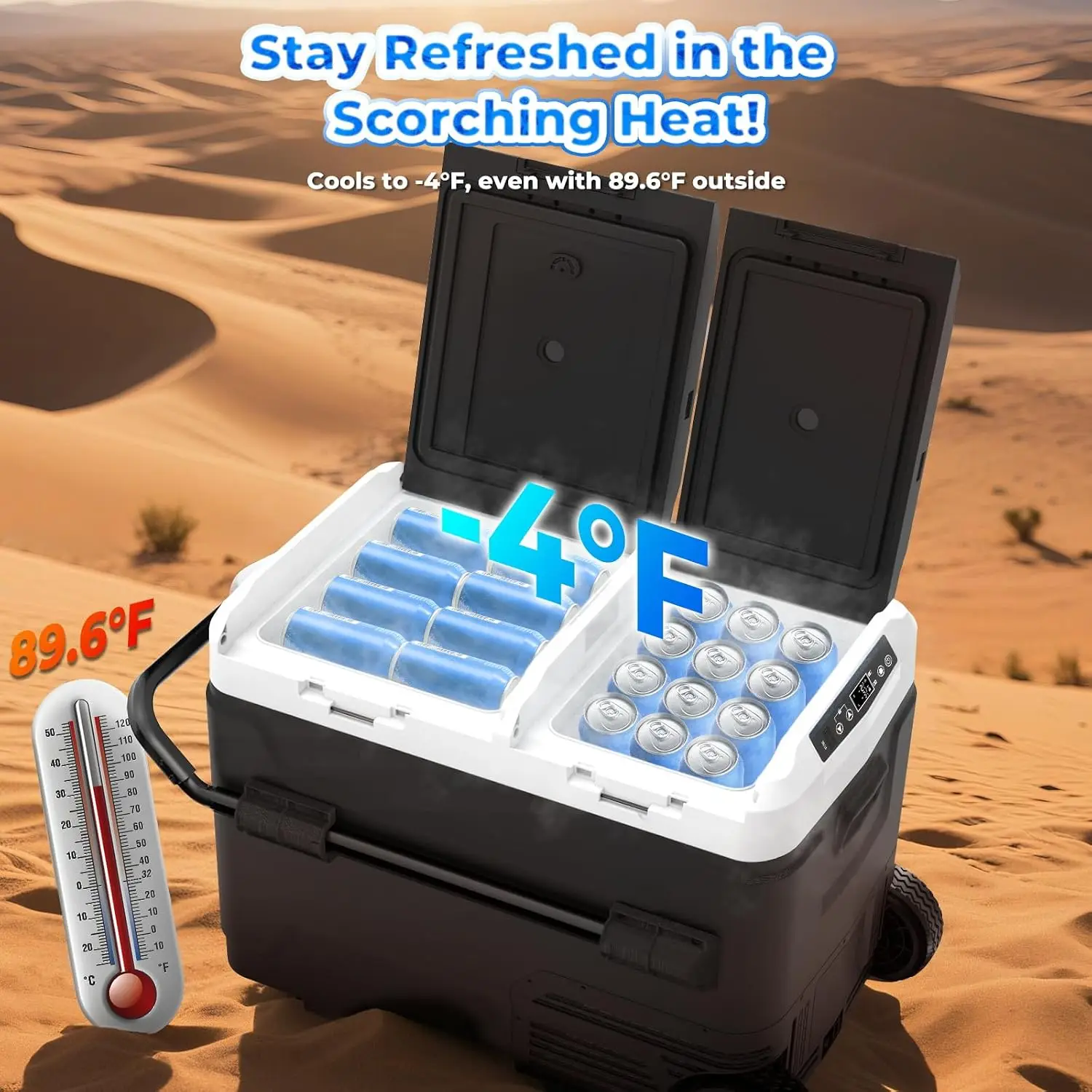 Car Fridge, Dual Zone Dual Temperature Control Fridge Freezer for Car, APP Control, -4℉-68℉, 12/24V DC 100~240V AC, Wheels, Port
